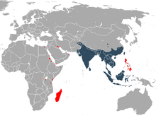 Asian house shrew range (blue — native, red — introduced)