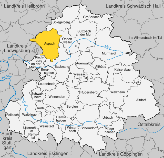 Läget för Aspach, Baden-Württemberg i Rems-Murr-Kreis