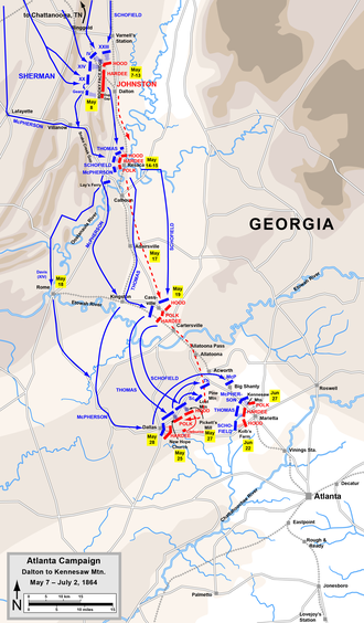 The Atlanta Campaign from Dalton to Kennesaw Mountain
.mw-parser-output .legend{page-break-inside:avoid;break-inside:avoid-column}.mw-parser-output .legend-color{display:inline-block;min-width:1.25em;height:1.25em;line-height:1.25;margin:1px 0;text-align:center;border:1px solid black;background-color:transparent;color:black}.mw-parser-output .legend-text{}
Confederate
Union Atlanta Campaign May7-Jul2.png