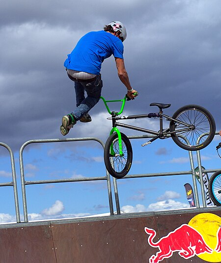 A tailwhip performed in a half-pipe. BMX tailwhip Stevage.jpg