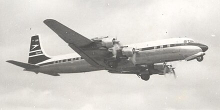 BOAC DC-7C G-AOIC taking off from Manchester UK in April 1958 for a non-stop flight to New York (Idlewild) (later JFK)