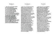 Comparison of the 'To be, or not to be' soliloquy in the first three editions of Hamlet, showing the varying quality of the text in the Bad Quarto, the Good Quarto and the First Folio Bad quarto, good quarto, first folio.png