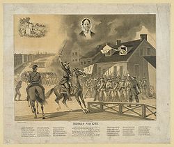 Illustration of John Greenleaf Whittier's poem "Barbara Frietchie" showing Barbara Fritchie waving the Union flag out of her window. Barbara Frietchie (poem).jpg