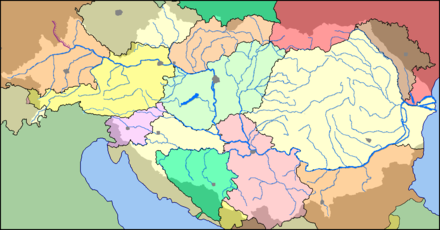 Drainage basin of the Danube with Morava, Svratka and Thaya shown in the southeast of the country Bassin-du-Danube-blank-map.png