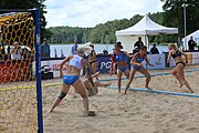 Deutsch: Beachhandball Europameisterschaften 2019 (Beach handball Euro); Tag 2: 3. Juli 2019 – Frauen, Vorrunde Gruppe D, Dänemark-Russland 2:0 (21:16, 18:12) English: Beach handball Euro; Day 2: 3 July 2019 – Women Preliminary Round Group D – Denmark-Russia 2:0 (21:16, 18:12)