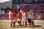 Deutsch: Beachhandball bei den Olympischen Jugendspielen 2018; Tag 4, 10. Oktober 2018; Jungs, Vorrunde, Gruppe A - Spanien-Venezuela 2:0 English: Beach handball at the 2018 Summer Youth Olympics at 10 October 2018 – Boys Preliminary Round Group A – Spain-Venezuela 2:0