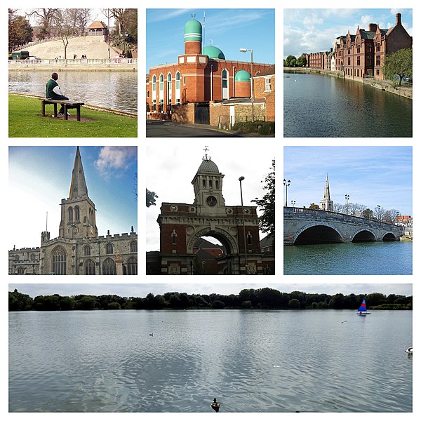 Clockwise from the top left: Bedford Castle Mound, Westbourne Road Mosque in the Queens Park area, Shire Hall, Bedford Town Bridge, Priory Lake, St Pa