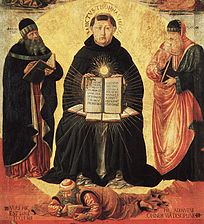 Aziz Thomas Aquinas'ın İbn Rüşd'e Karşı Zaferi, Benozzo Gozzoli, 1468-1484.  Endülüslü filozof yatar gibi görünürken, Platon ve Aristoteles ayakta, azizin yanında görünür.