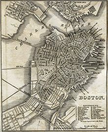 1842 map showing the location of Fort Hill (item 15, in the southeast of downtown) Boston 1842.jpg