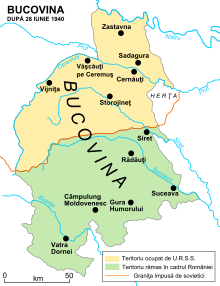 Bukovina as divided in 1940: Soviet to the north, Romanian to the south. Bucovina division.svg