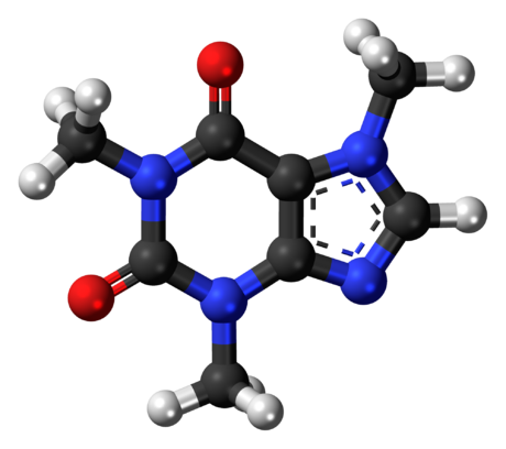 A ball-and-stick representation of the caffeine molecule (C8H10N4O2).