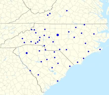 Map of affiliates of the Carolina Panthers Radio Network.