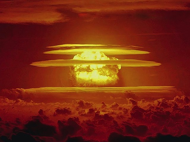 The mushroom cloud from the Castle Bravo thermonuclear weapon test in 1954, the largest nuclear weapons test ever conducted by the United States