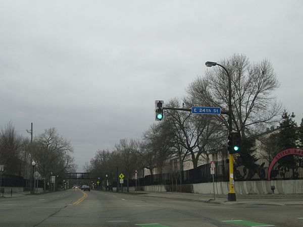 Cedar Avenue at East 24th Street in Minneapolis, looking southbound.