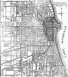 Карта на Чикаго от 1871 г. В тъмно е отбелязана централната част на града, унищожена от пожара
