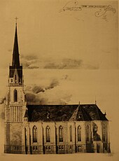 Heinrich Wiethase: Christuskirche (Neunkirchen (Saar)) vor dem Umbau der Kirche in den Jahren 1935–1941, Längsansicht, Entwurf von 1866, in abstrahierter Form Zentralbild des Neunkircher Stadtwappens