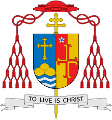 Bernard Cardinal Law (835) was archbishop of Boston until 2002 (arms pictured.) Coat of arms of Bernard Francis Law.svg