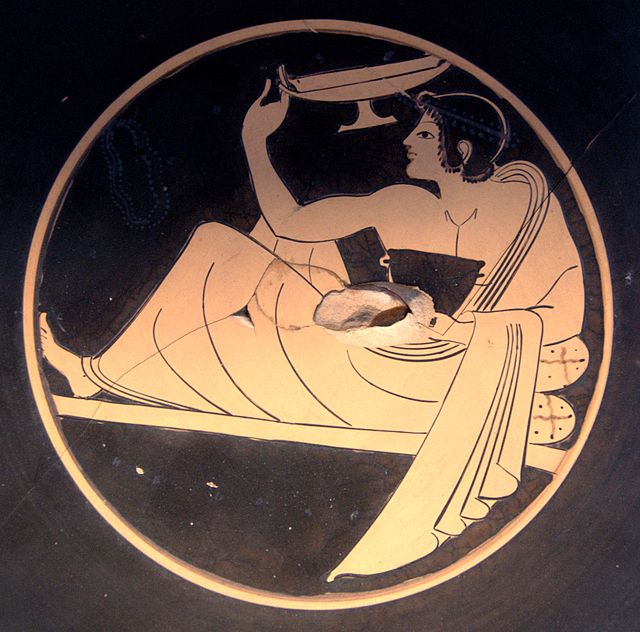 Banqueter playing kottabos, a playful subversion of the libation, ca. 510 BCE, Louvre