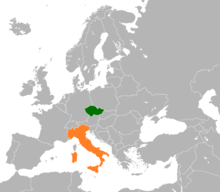 Česko (zelená) a Itálie (oranžová) na mapě Evropy