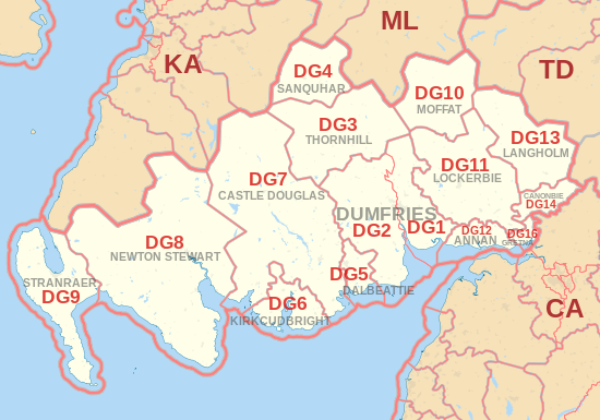 DG postcode area map, showing postcode districts, post towns and neighbouring postcode areas.