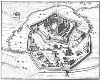 The fortress and the market town of Lichtenau (Matthaus Merian: Topographia Franconiae, 1648) De Merian Frankoniae 074.jpg