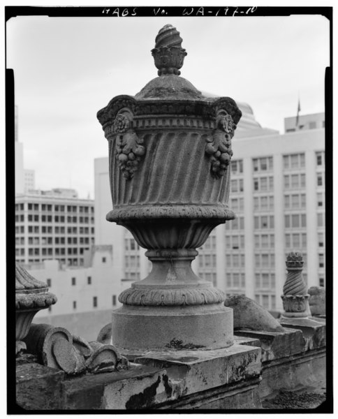 File:Detail of rooftop urn viewed from roof, looking SW. This urn is on the Olive Way side (second urn from west). (June 1991) - Fox Theater, Seventh Avenue and Olive Way, Seattle, HABS WASH,17-SEAT,11-10.tif