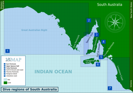 Map of the South Australian coastline showing subdivision into recreational diving regions