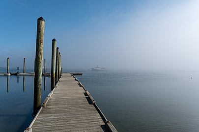 Dock in a foggy morning, Lubec, Maine, US