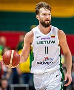 Domantas Sabonis, son of the Hall of Fame member and former international superstar Arvydas Sabonis, was selected eleventh by the Oklahoma City Thunder via the Orlando Magic. Domantas Sabonis by Augustas Didzgalvis (cropped).jpg