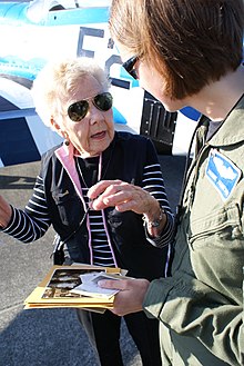 Dorothy Olsen meets with F-22 pilot Capt. Jammie Jamieson at McChord AFB in 2008 (U.S. Air Force photo). Dorothy Olsen and Capt. Jammie Jamieson.jpg