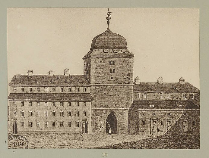 Dresdens Festungswerke im Jahre 1811 - Das Wilsdruffer Thor mit dem Thurme; links des Hofrath Dr. Heyme's Haus, rechts das Wasserhauße; jetzt alles freyer Platz. Aufgenommen am Ende der Wilsdruffer Gasse. Unmittelbar hinter diesem Wasserhauße steht jetzt das neue Wasserhauß mit den Delphinen und dem platten Dache, jedoch in veränderter Richtung.