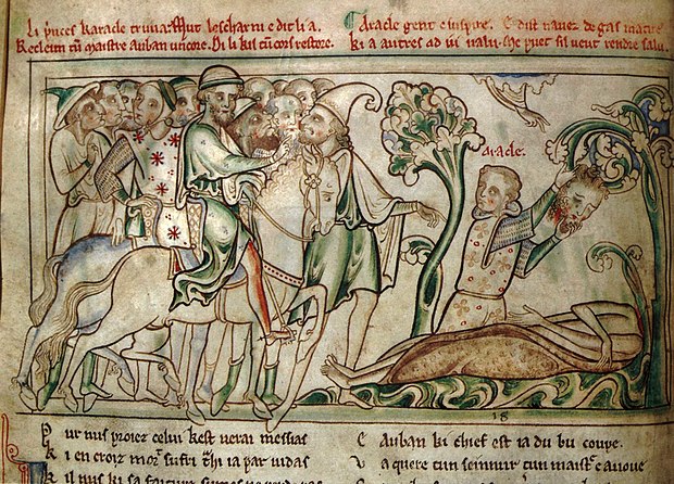 Framed tinted drawing of Heraclius taking down the head of Saint Alban, from the Trinity College, Dublin Life