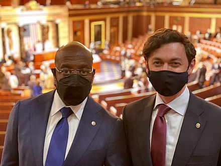 Warnock and Ossoff at the State of the Union in April 2021 after winning their first runoff elections