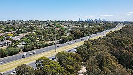 Kew from its northern boundary. Eastern Freeway and Melbourne skyline from Willsmere Park, Kew East (50857163393).jpg