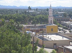 El Fuerte, Sinaloa, church and plaza, seen from the fort.JPG