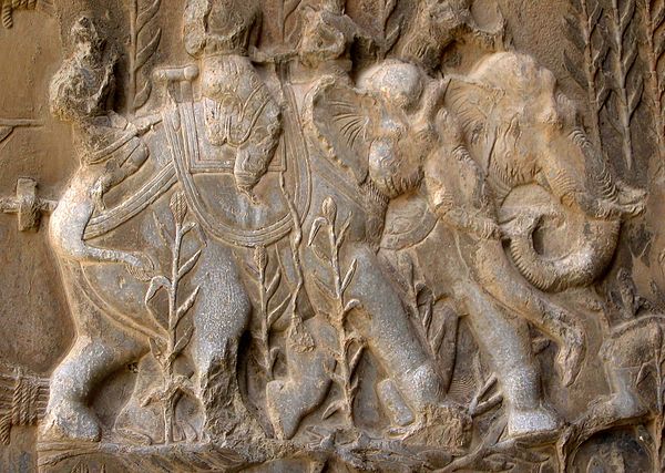 Sasanian relief of boar-hunting on domestic elephants, Taq-e Bostan, Iran
