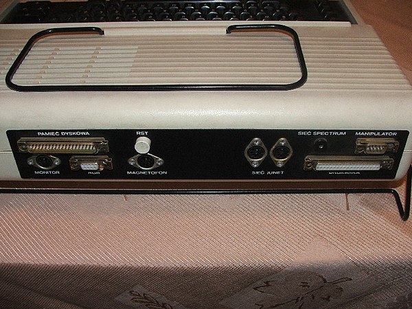 Rear of the Polish Elwro 800 Junior computer. DIN output carries a composite video signal to an external monitor.