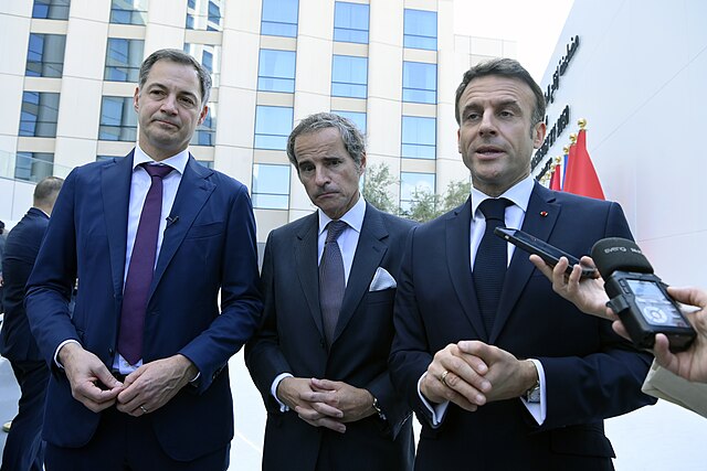 De Croo with IAEA Director General Rafael Grossi and French President Emmanuel Macron in Dubai, United Arab Emirates, 2 December 2023