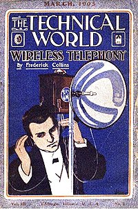 Ernst Ruhmer at his "photo-electric" optical telephone system station. (1905) Ernst Ruhmer, Technical World cover (1905).jpg