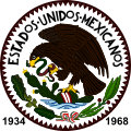 Escudu oficial de 1934 a 1968 cola lleenda "Estaos Xuníos Mexicanos" pa usu en monedes, sellos, papeles impresos, etc.[38]