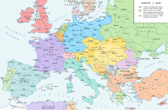 Europe after the Congress of Berlin in 1878 and the territorial and political rearrangement of the Balkan Peninsula. Europe 1878 map en.png