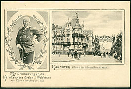 F. Astholz jun. AK, Hannover. Villa an der Hohenzollernstrasse. Zur Erinnerung an die Heimkehr des Grafen von Waldersee aus China im August 1901, Bildseite mit Verlagsangaben und Datum.jpg