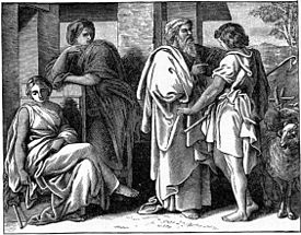 Jacob Talks with Laban (illustration from the 1897 Bible Pictures and What They Teach Us by Charles Foster) Foster Bible Pictures 0044-2 Jacob Talks with Laban.jpg