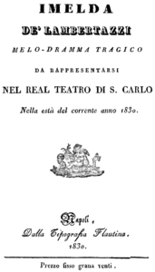 Title page of the libretto, Naples 1830