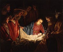 A Nativity scene; men and animals surround Mary and newborn Jesus, who are covered in light