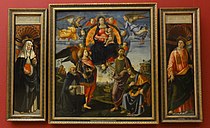 多梅尼科·基尔兰达约的《托纳波尼祭坛画（英语：Tornabuoni Altarpiece）》，中联221 × 198cm，左联213 × 59cm，右联211 × 60cm，约作于1490年，1816年始藏[19]