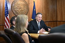 Dunleavy speaking in the governor's office, accompanied by members of his administration, on May 15, 2019. Governor Mike Dunleavy. Juneau, Alaska.jpg