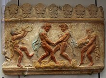 A Roman architectural relief from the 1st century AD showing that grape treading was still widely used as a means of pressing wine grapes during Roman times Grapes 02 pushkin.jpg