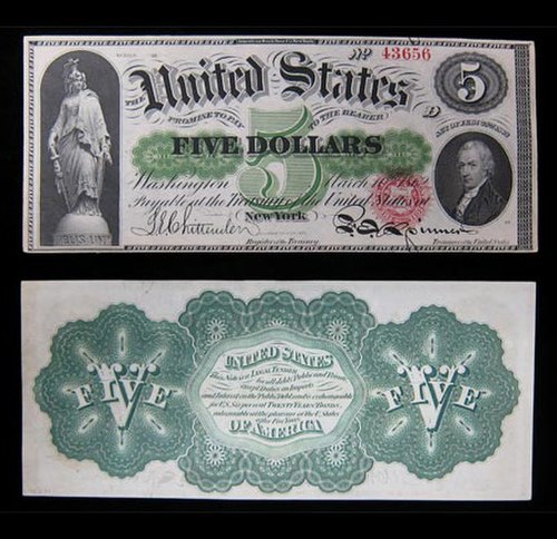 A $5 United States Note of the series of 1862 popularly known as a "greenback" from the color of ink used on the reverse