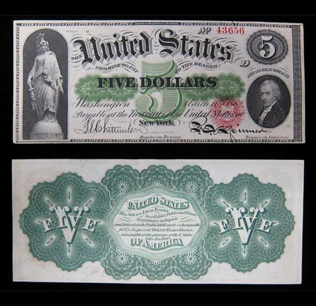 A $5 United States Note of the series of 1862 popularly known as a "greenback" from the color of ink used on the reverse